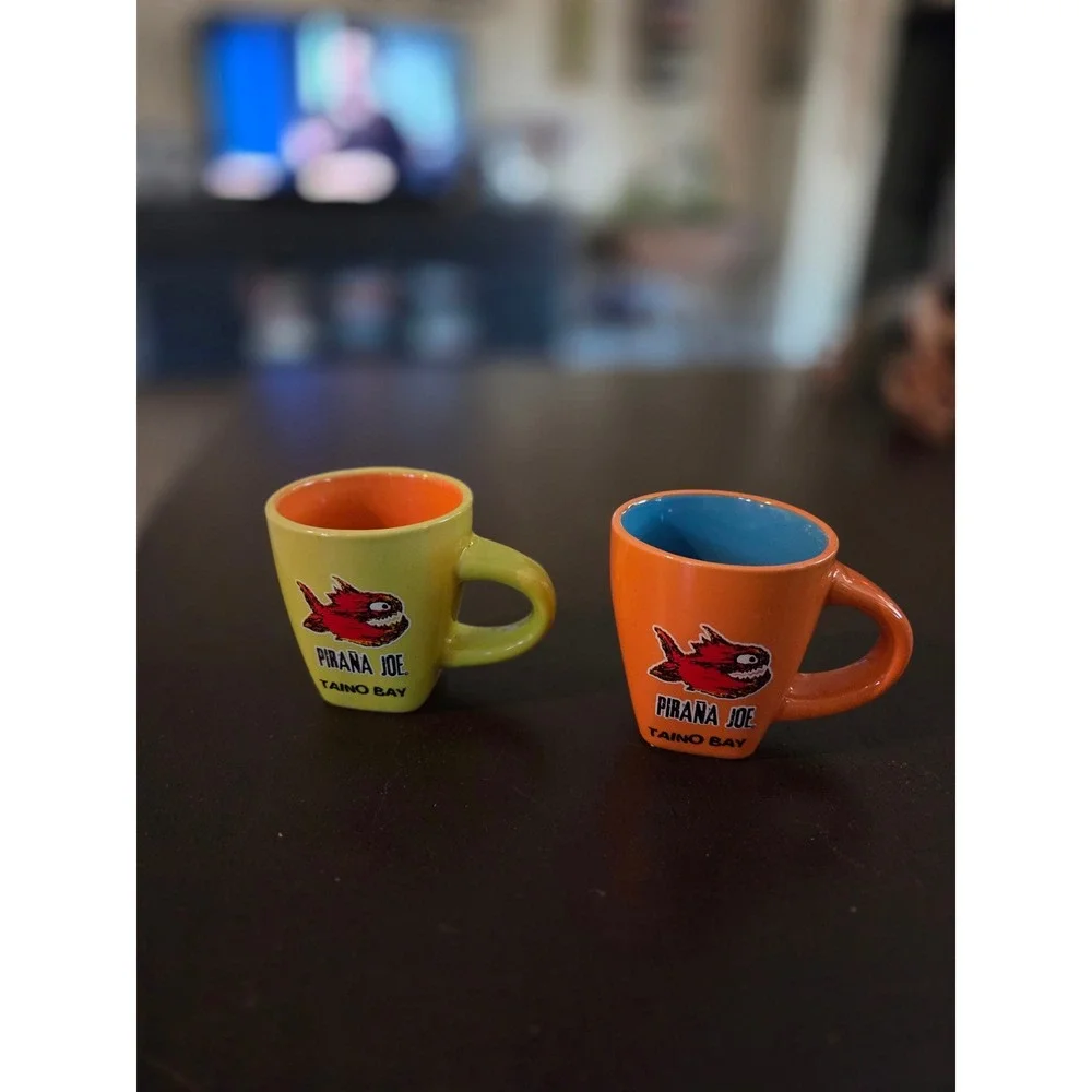 Pirana Joe Taino Bay Espresso Mug Set 2 Ceramic Mini Cups Orange Green Dominican